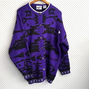 Midnight Blues Vintage Cardigan Sweater L Purple Black Button 80 90s Whimsi Goth